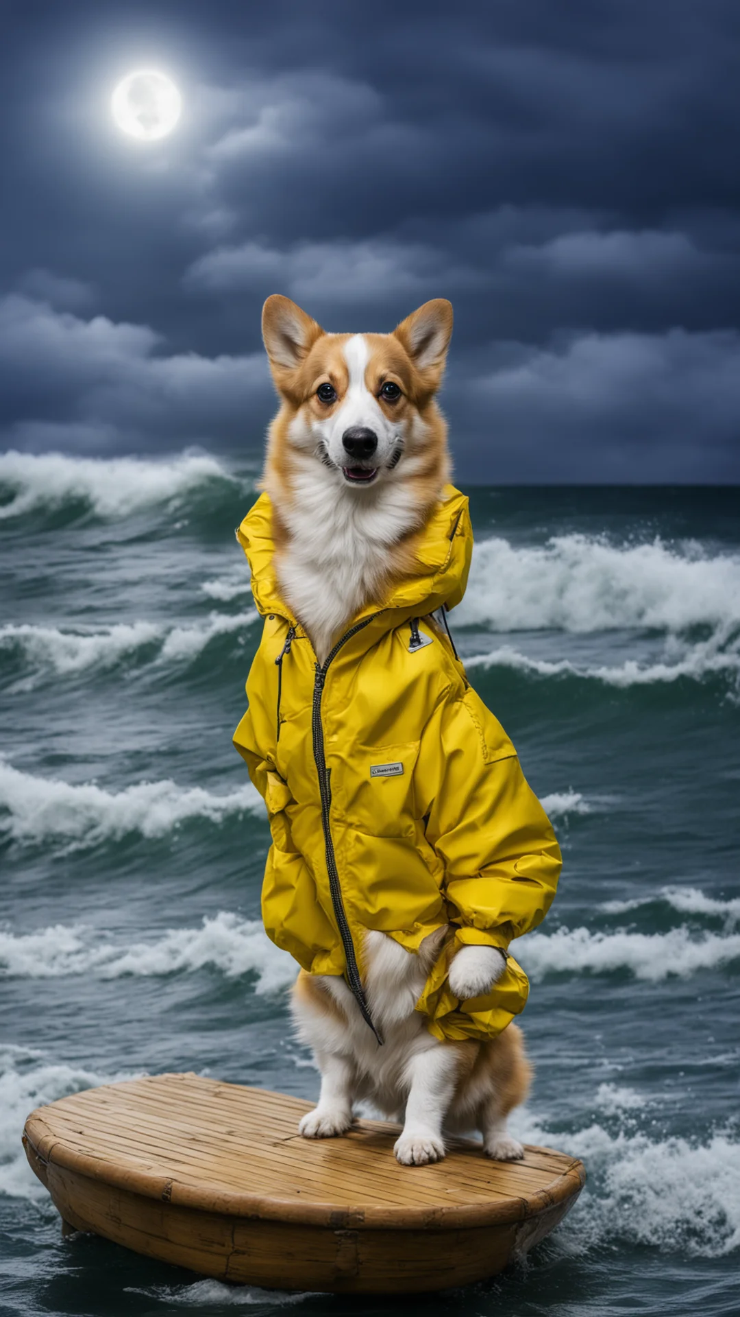 a corgi in a yellow jacket on a bamboo raft in the middle of a tormented ocean during night thunder good looking trending fantastic 1 tall