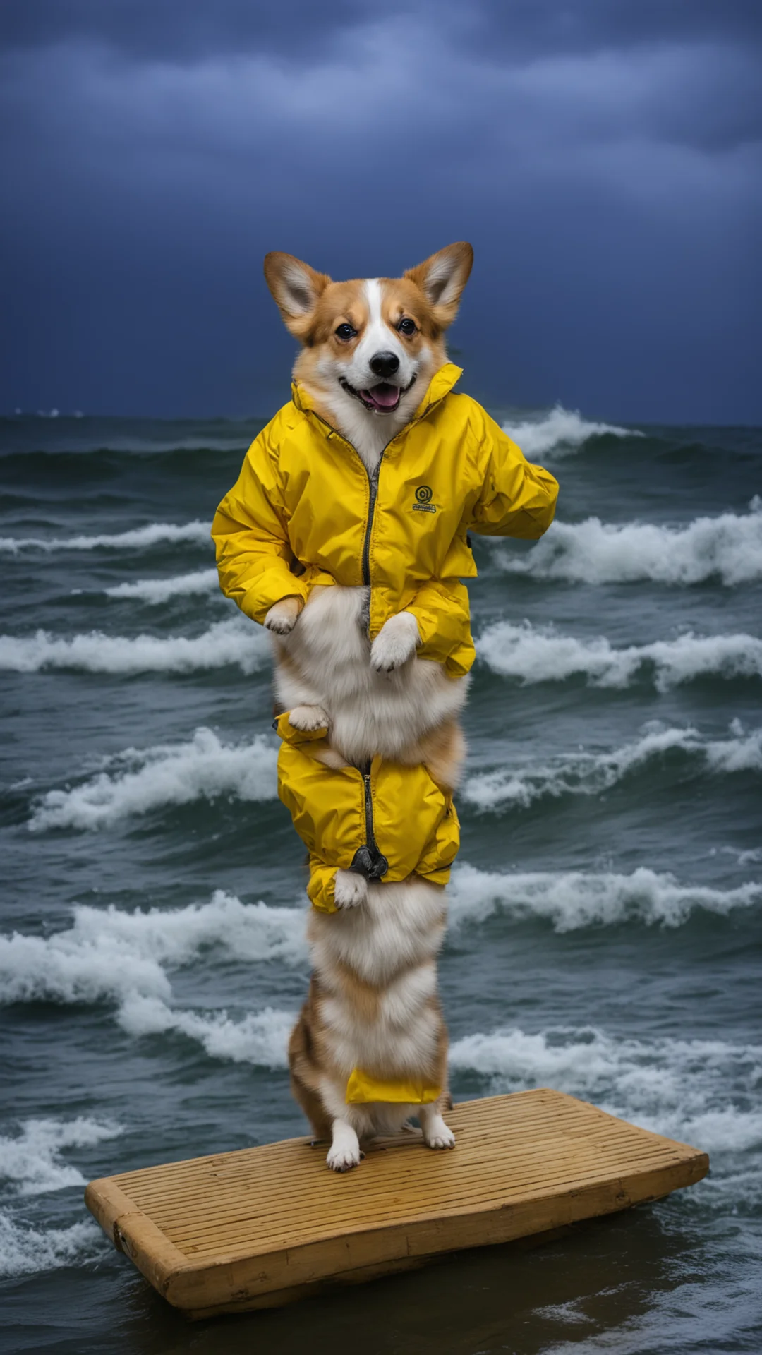 a corgi in a yellow jacket on a bamboo raft in the middle of a tormented ocean during night thunder tall