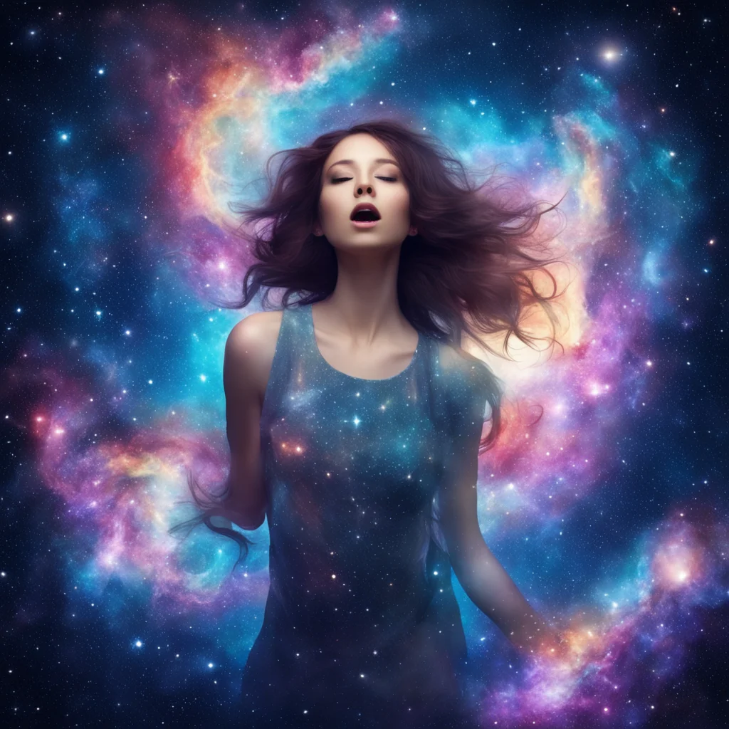 a cosmic beautiful girl singing a stream of galaxies