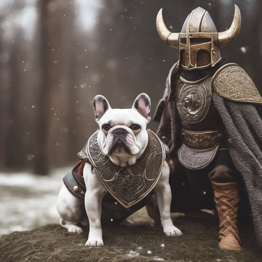 a cosmic french bulldog dressed as a viking warrior after an epic battle