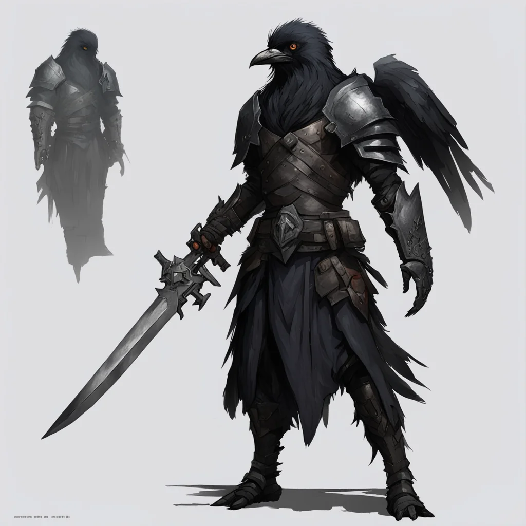 a crow person  full  armor with dual weapons and a scar on left eye concept art