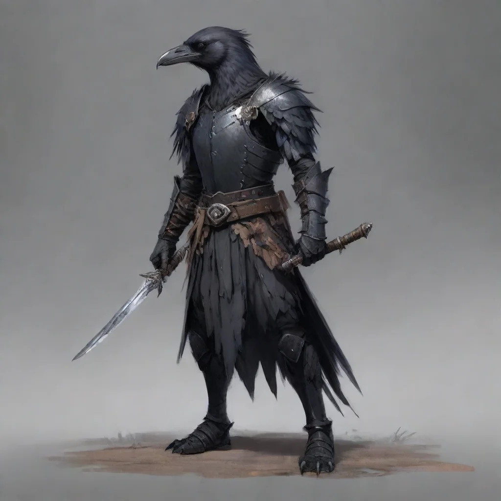 a crow person in a crow armour with a crow sword concept art