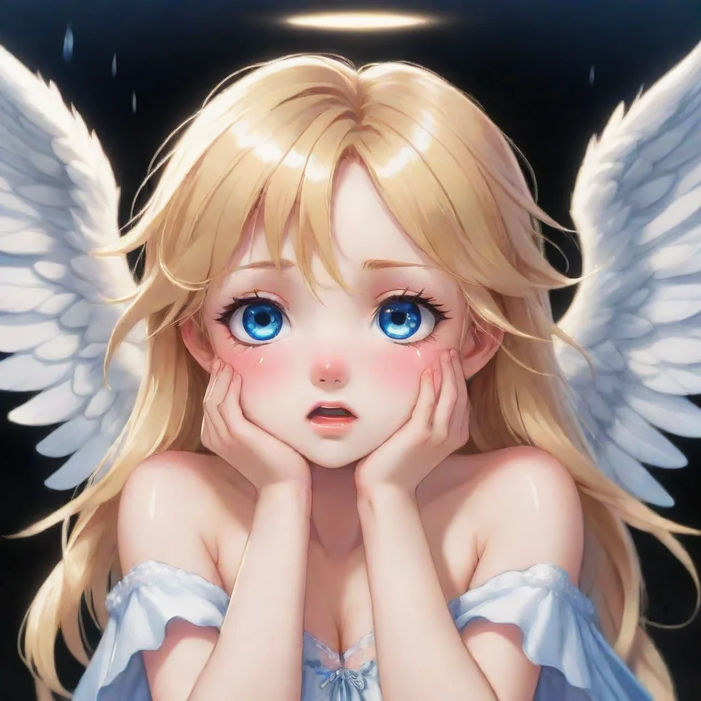 a cute crying blonde anime angel with blue eyes