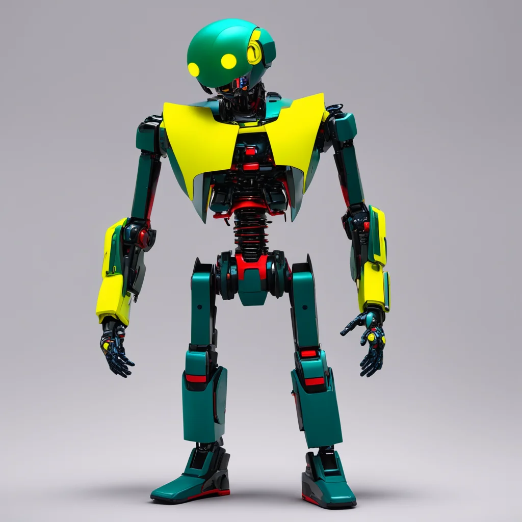 aia dark green robot with navy blue forearms%2C a black head with transparent yellow face and transparent red on his thighs%2C groin and collarbone