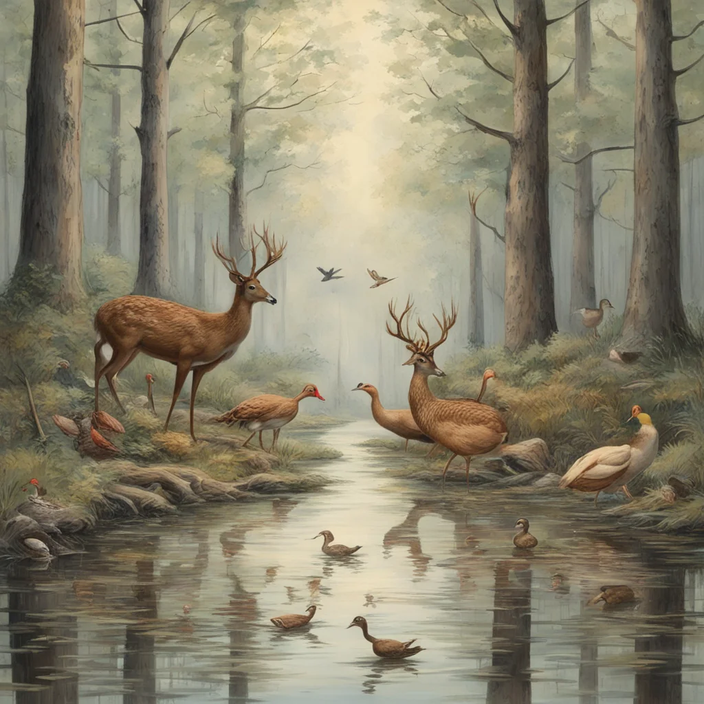 aia deer and turkey and duck and flying ducks in the woods at a pond confident engaging wow artstation art 3