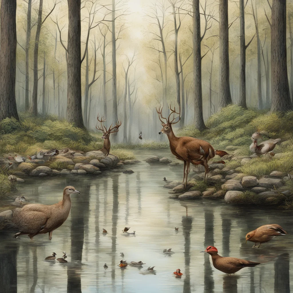 aia deer and turkey and duck and flying ducks in the woods at a pond
