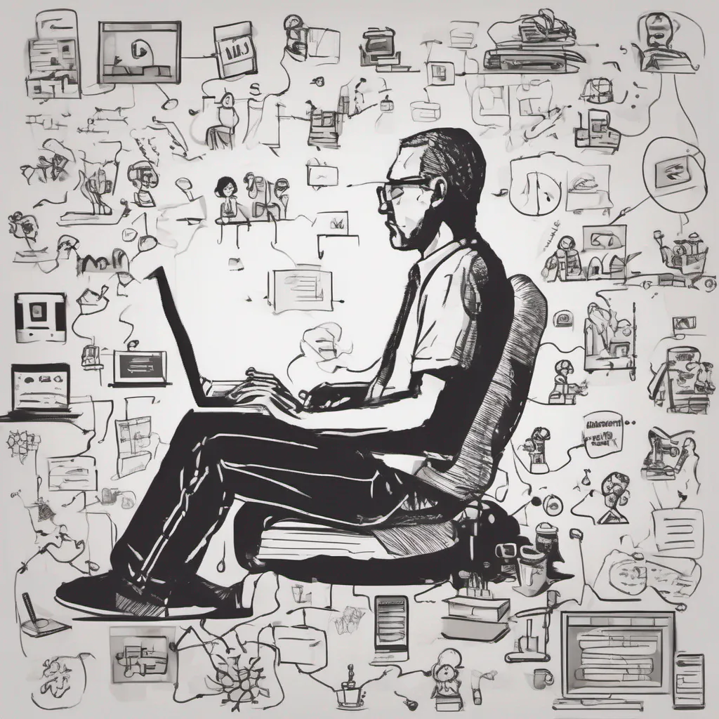 aia doodle drawing consisting of many small small elements or drawings%2C based on the topic www. it must illustrate%2C interpret and emphasize the theme of world wide web. the small elements should be connected together. there should be a man sitting with a labtop and small doodles related to web and www are coming out of his mind amazing awesome portrait 2