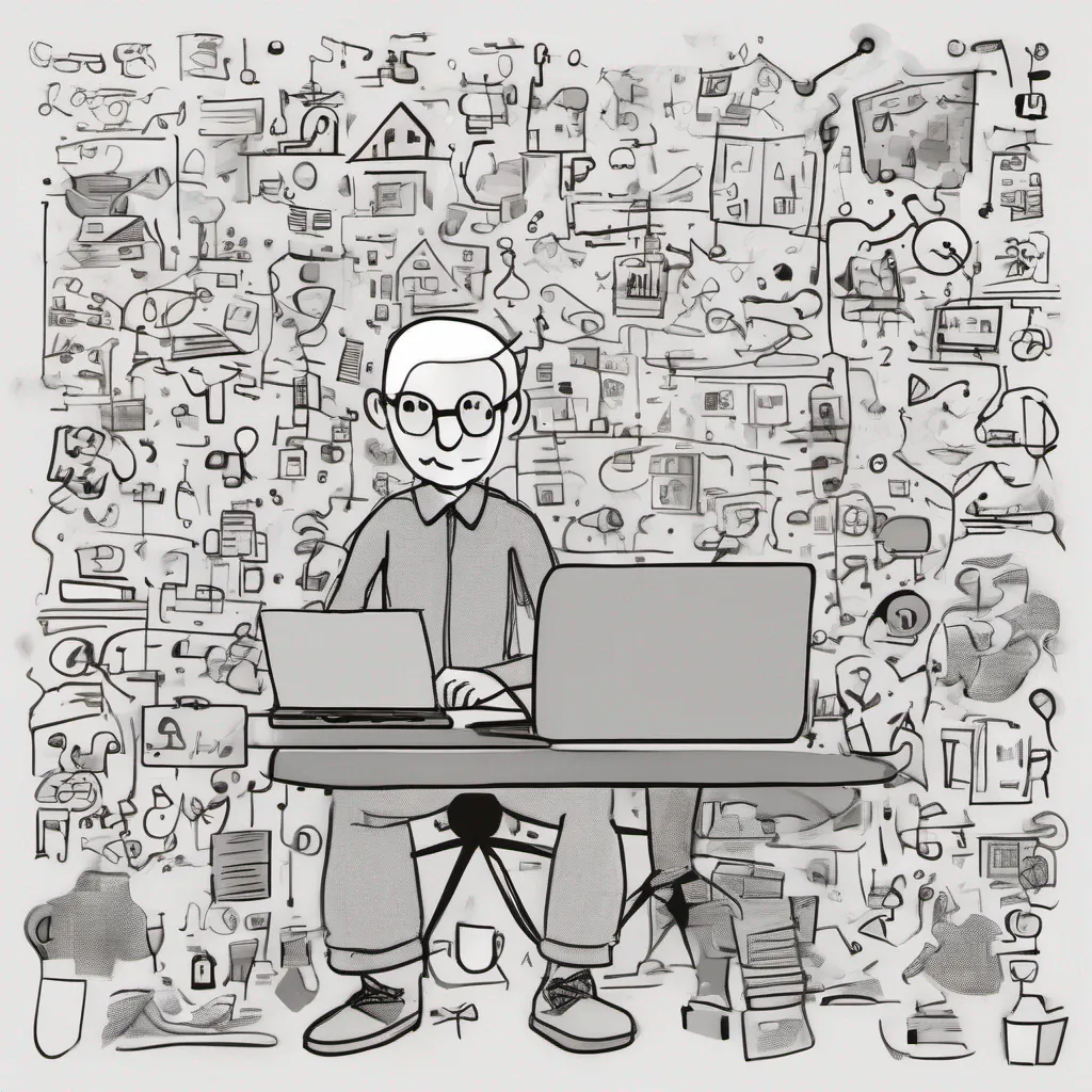 aia doodle drawing consisting of many small small elements or drawings%2C based on the topic www. it must illustrate%2C interpret and emphasize the theme of world wide web. the small elements should be connected together. there should be a man sitting with a labtop and small doodles related to web and www are coming out of his mind good looking trending fantastic 1