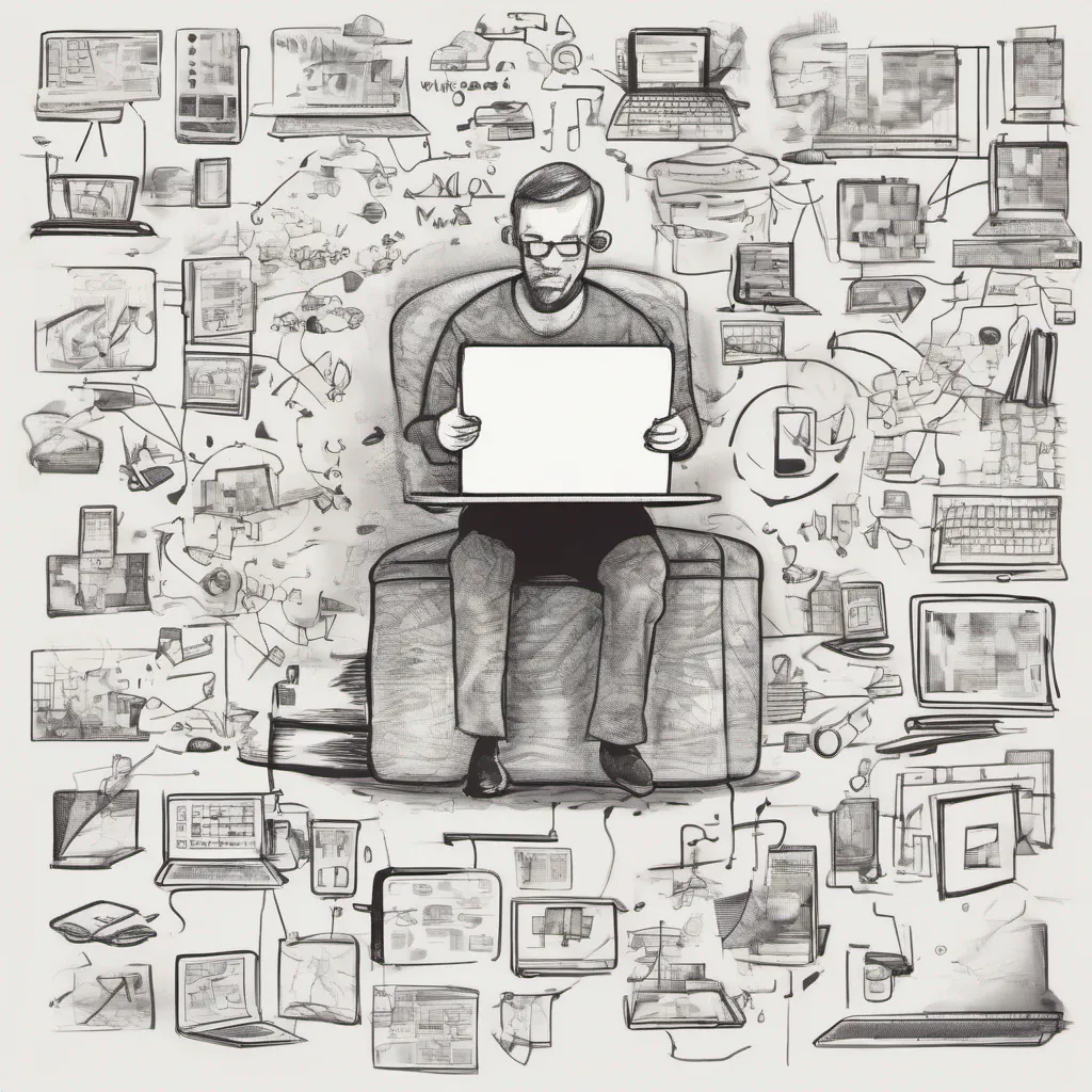 aia doodle drawing consisting of many small small elements or drawings%2C based on the topic www. it must illustrate%2C interpret and emphasize the theme of world wide web. the small elements should be connected together. there should be a man sitting with a labtop and small doodles related to web and www are coming out of his mind