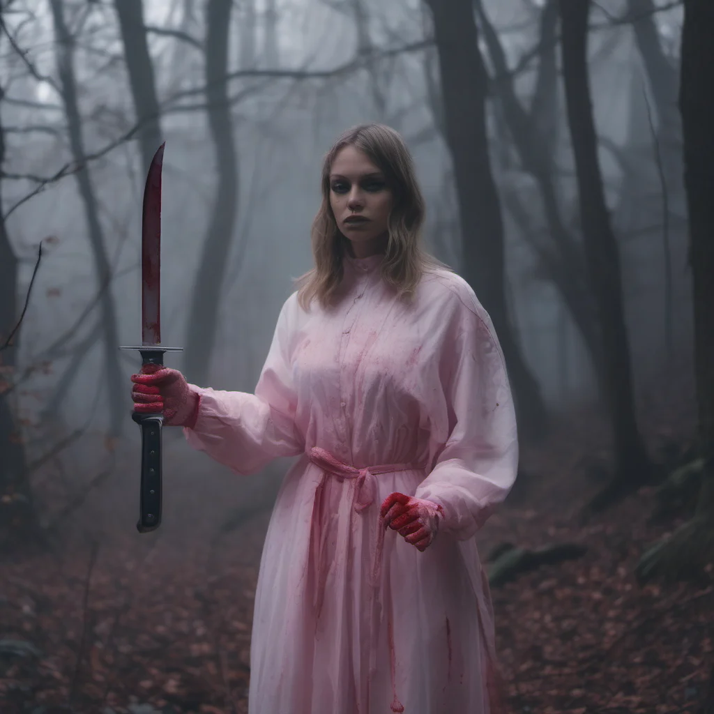 aia dreamy muse dressed in pink%2C holding a big bloody knife. in a dark foggy winter forest%2C with all kinds of white sheets hanging in the trees. uncanny. cinematic amazing awesome portrait 2