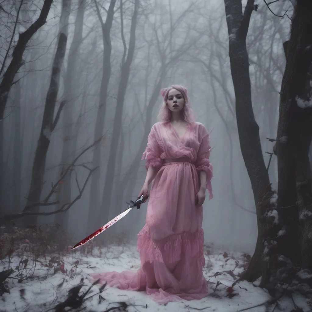 aia dreamy muse dressed in pink%2C holding a big bloody knife. in a dark foggy winter forest%2C with all kinds of white sheets hanging in the trees. uncanny. cinematic