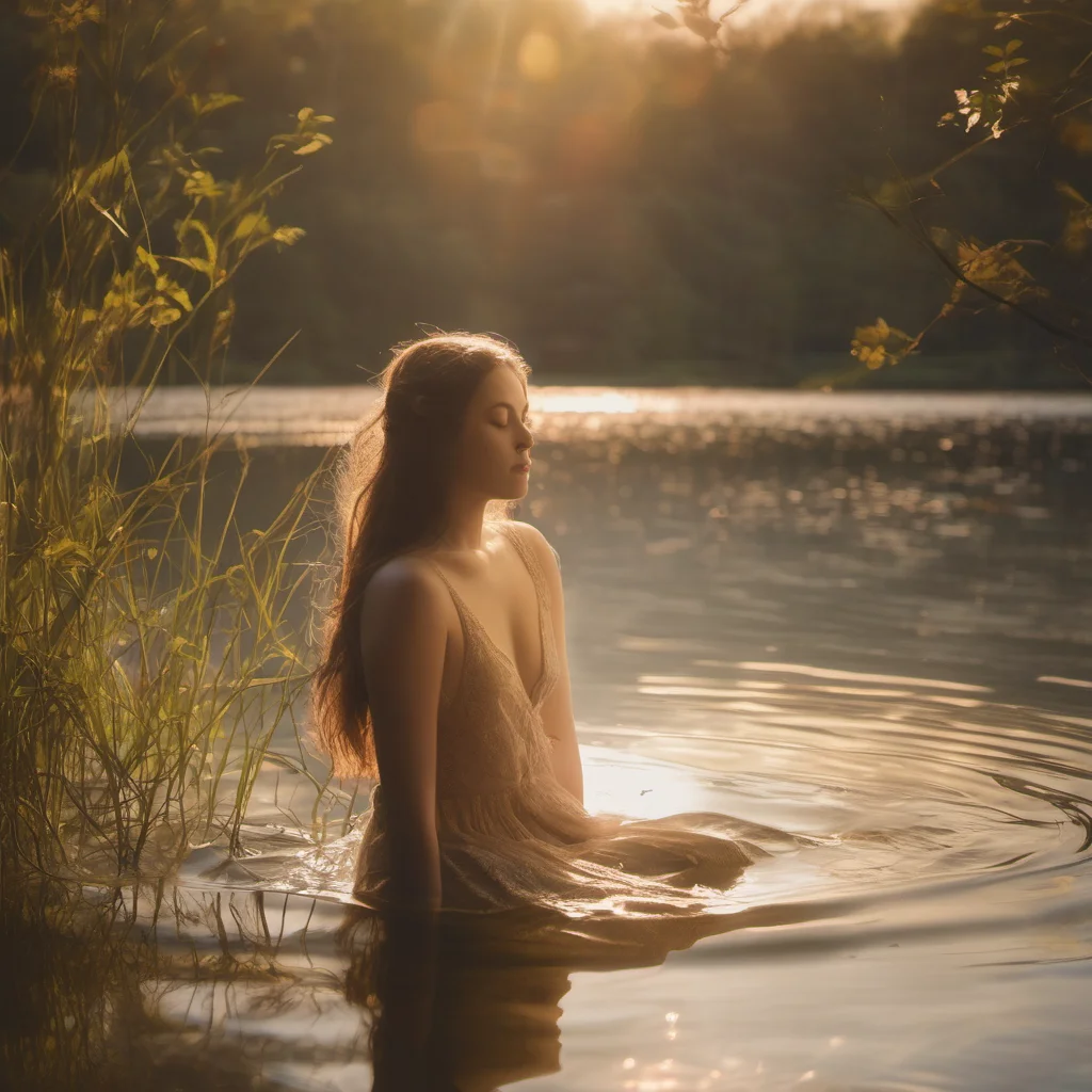 aia dreamy young nymph%2C her eyes closed%2C bathed in the warm glow of sunlight   small%2C idyllic lake