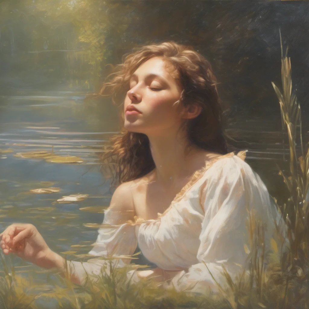 aia dreamy young nymph%2C her eyes closed%2C warm glow of sunlight   small%2C idyllic lake