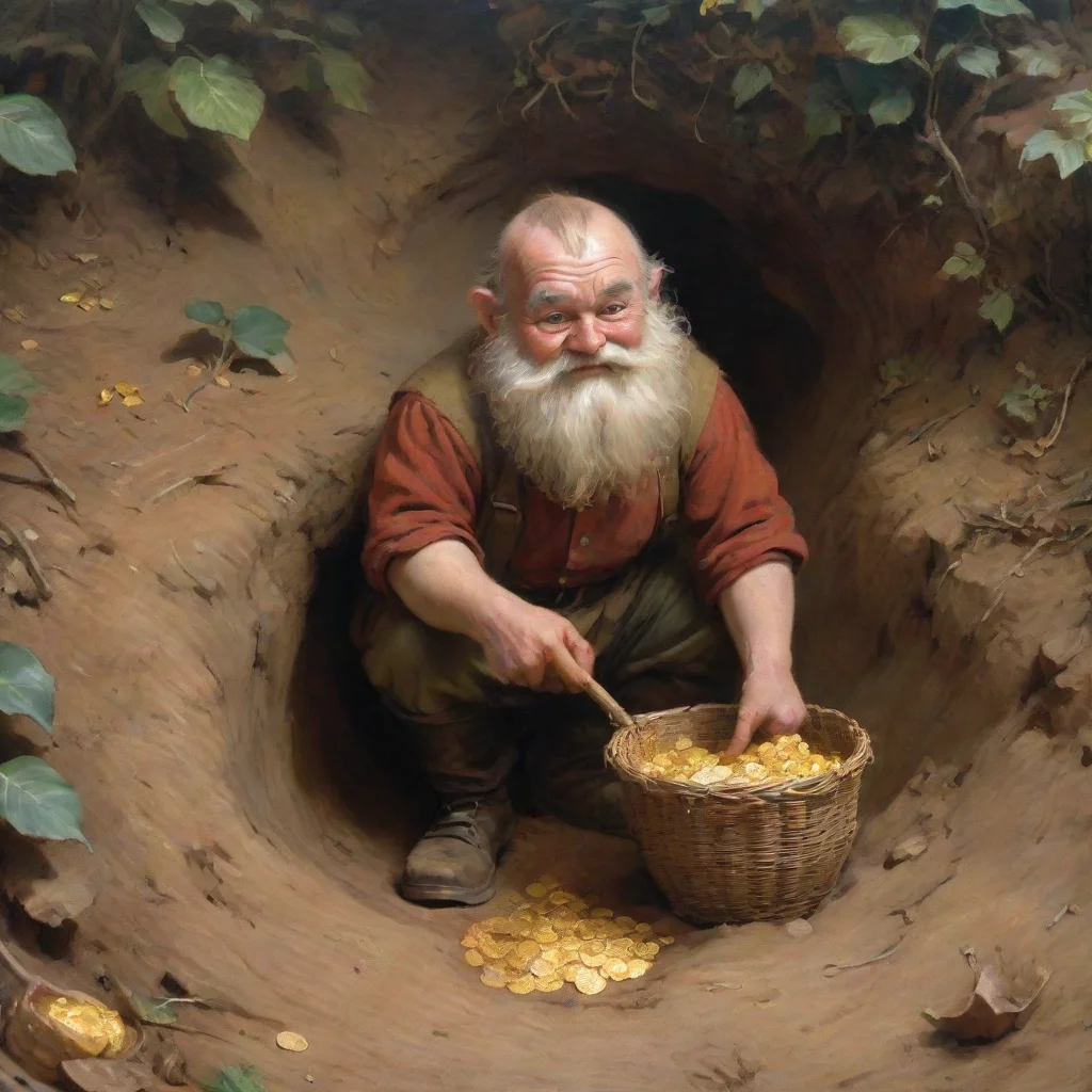 aia dwarf digging a hole to hide a basket of gold there