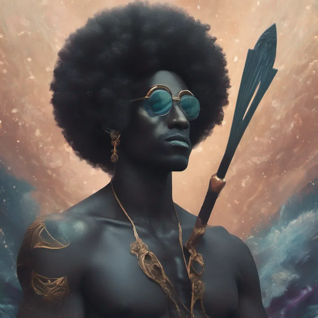 a ethereal black mermaid man with a afro and a spear