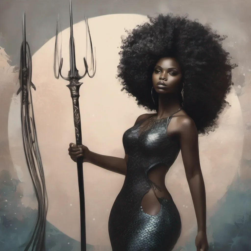 a ethereal black mermaid womain with a afro and a spear confident engaging wow artstation art 3