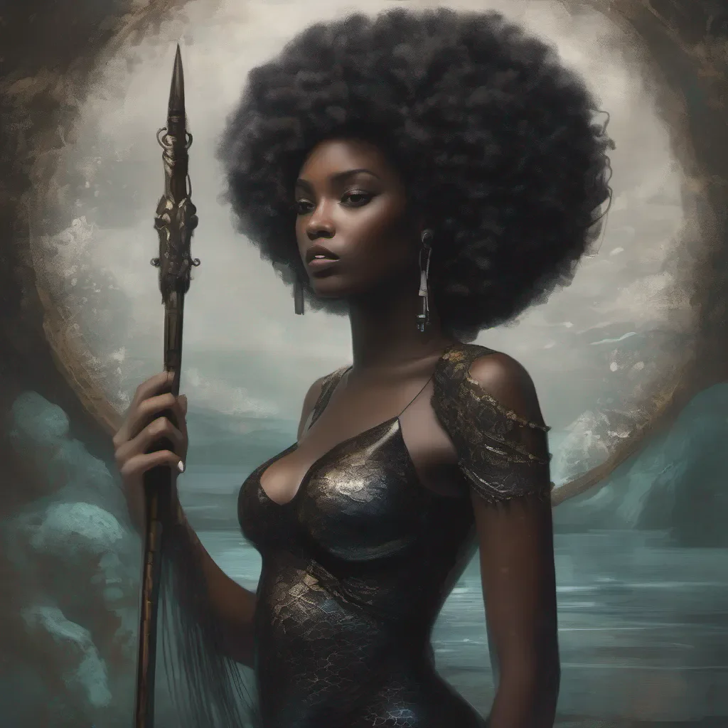 a ethereal black mermaid womain with a afro and a spear