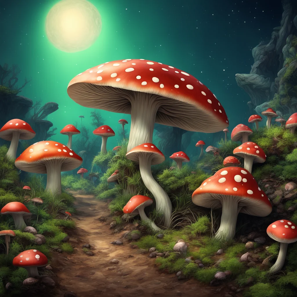 a fantastic planet where beetles and fantastic mushrooms live. realistic image