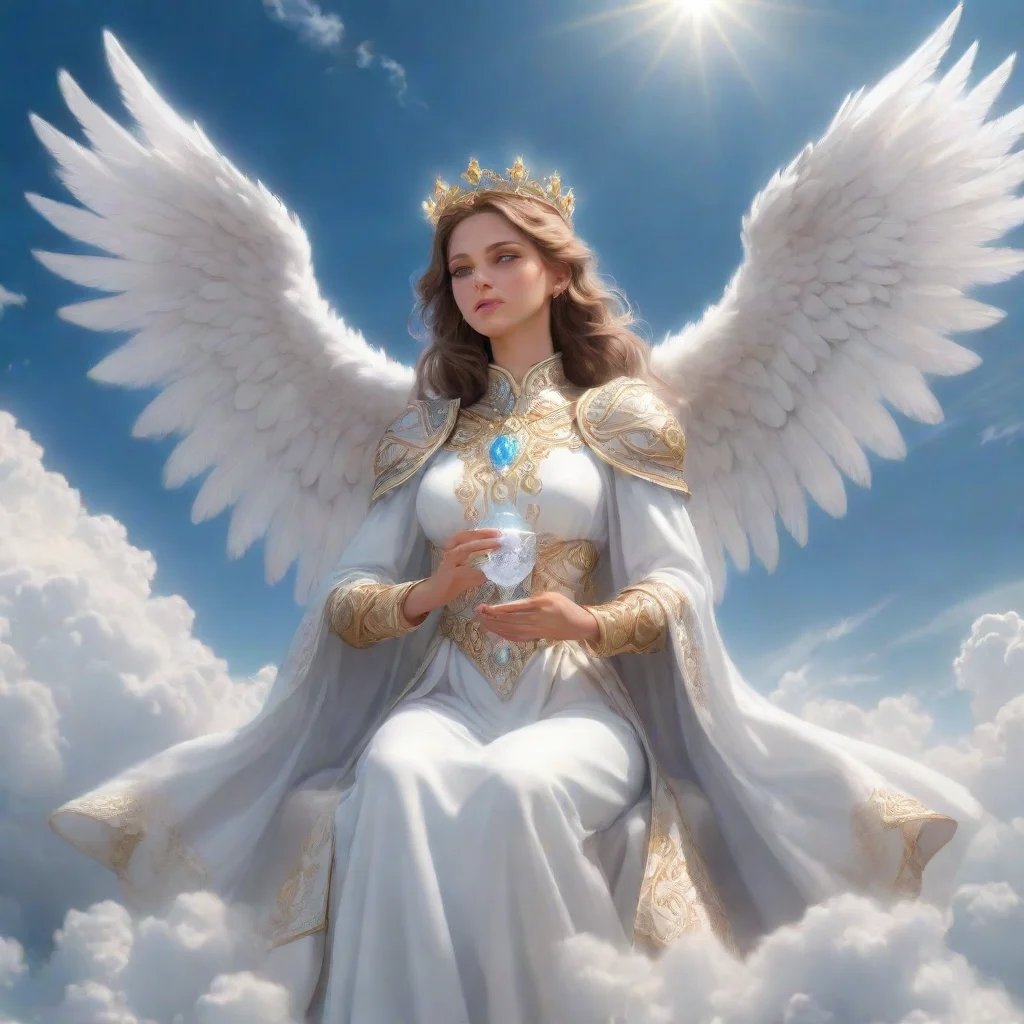 a female archlord with white angelic wings sitting on beautiful clouds in the sky and holding a diamond chalice