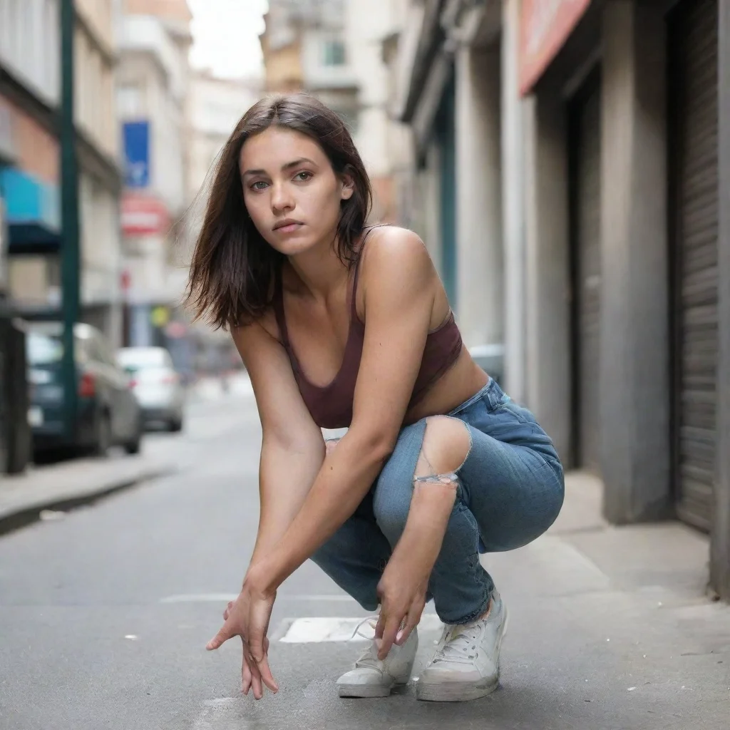 a female crouch down on street.