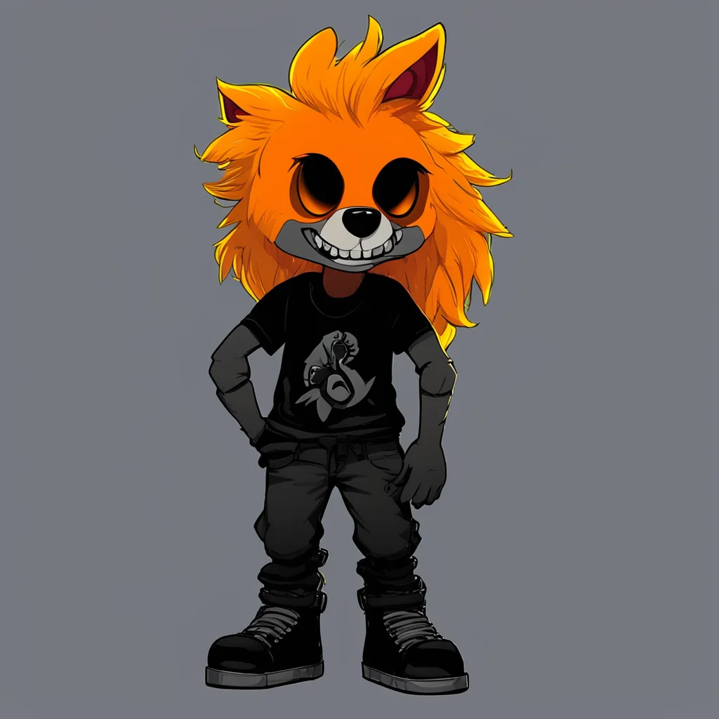 aia fnaf 4 character that has a orange tophat blonde hair a orange bandana a black t shirt a black short and black boots with glowing neon puppils and pitch black eyes. comic book