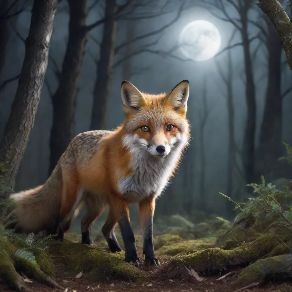 aia fox in a myterious forest. the moon is shining on his fur. he looks scared.