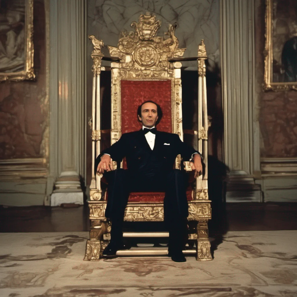 a frame from a 70s film by roberto benigni on a throne dressed as the president of the italian republic good looking trending fantastic 1