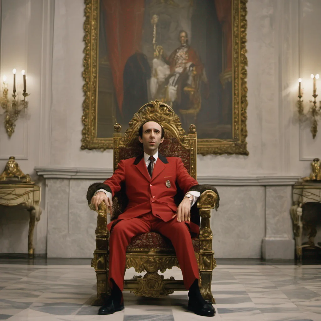 a frame from a 70s film by roberto benigni on a throne dressed as the president of the italian republic