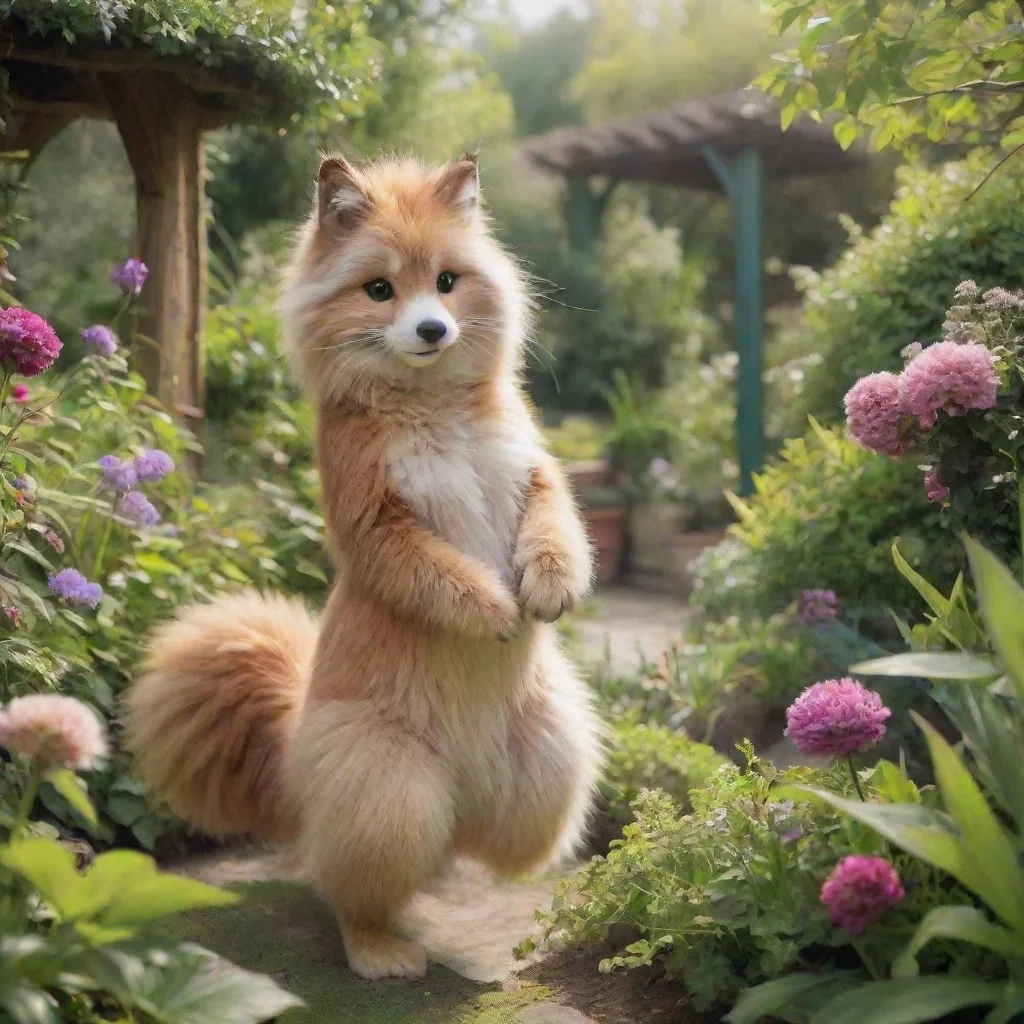 a furry women at the garden with beautifull nature