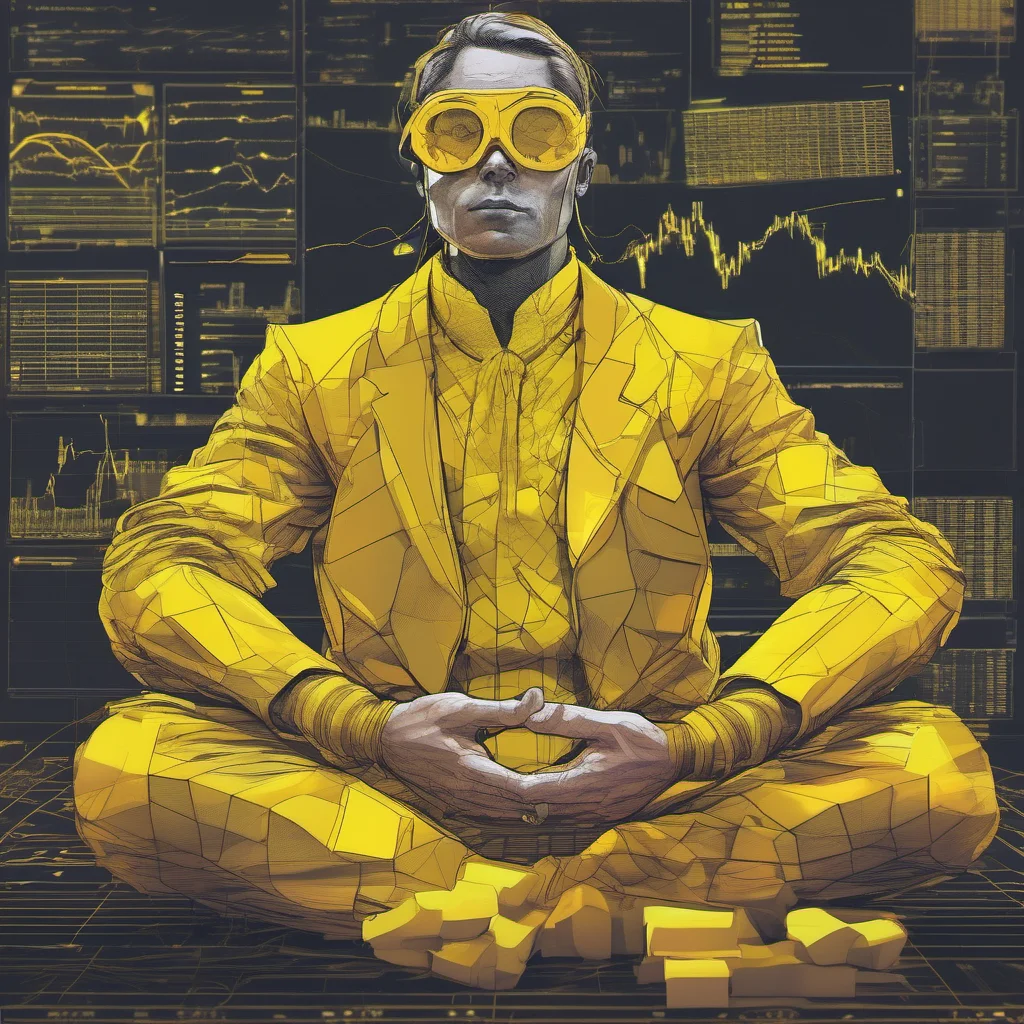 aia futuristic trader meditating on the table in a lotos position. the trader is glowing with a yellow color and has lots of charts behind him. amazing awesome portrait 2