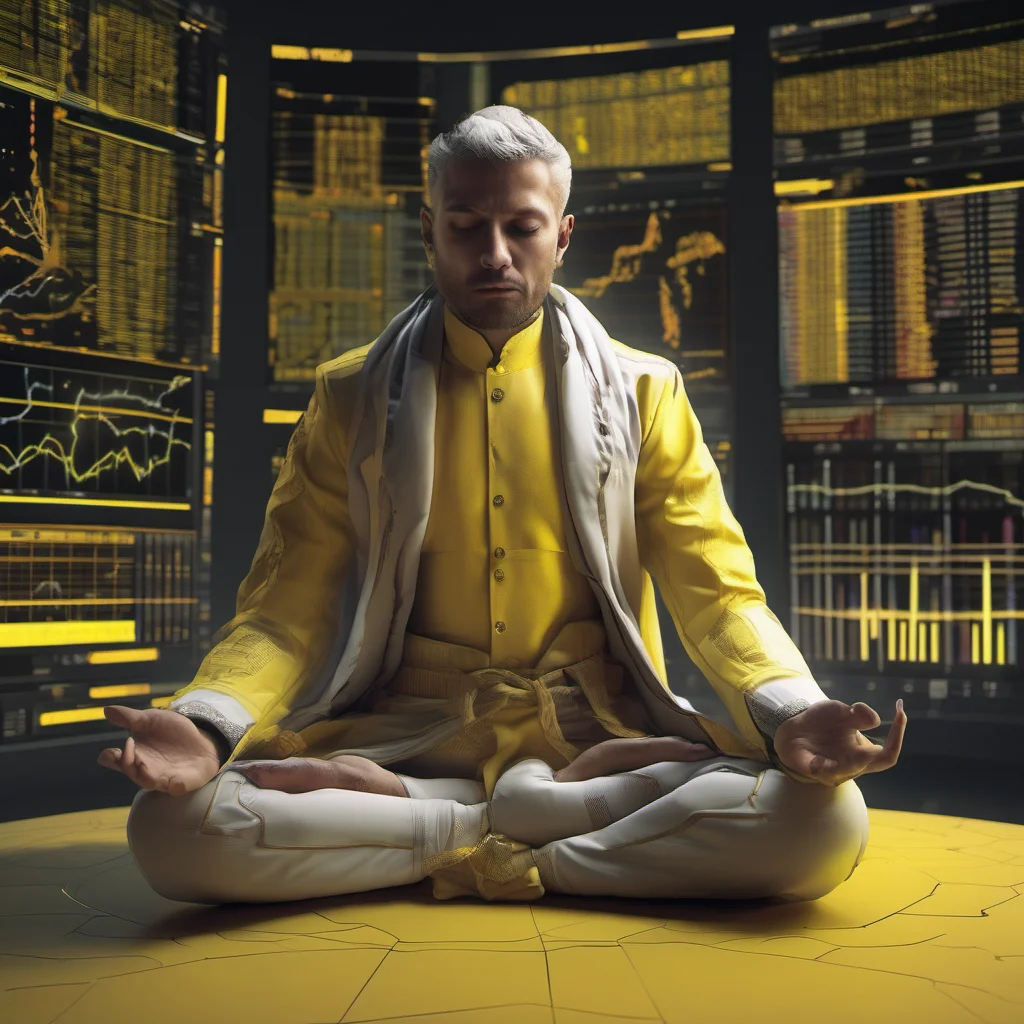 aia futuristic trader meditating on the table in a lotos position. the trader is glowing with a yellow color and has lots of charts behind him. confident engaging wow artstation art 3