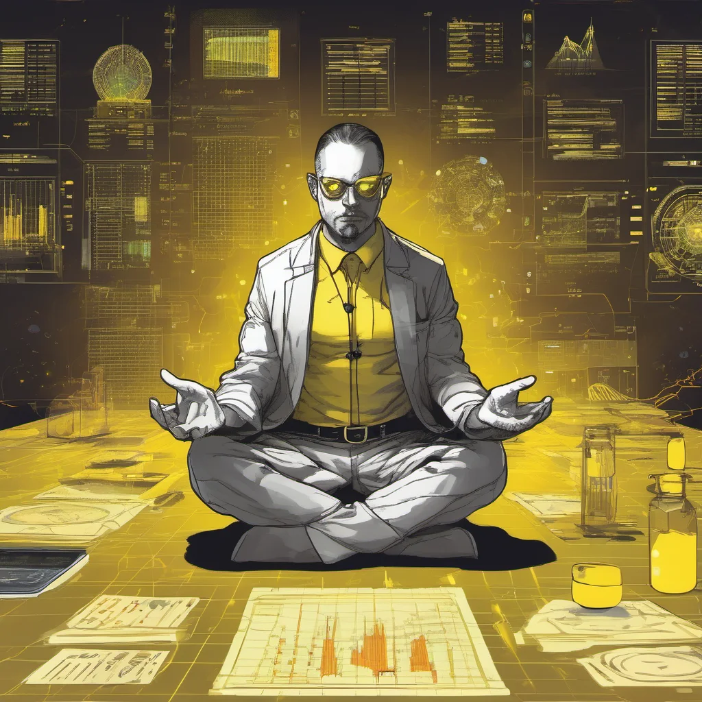 a futuristic trader meditating on the table in a lotos position. the trader is glowing with a yellow color and has lots of charts behind him. good looking trending fantastic 1