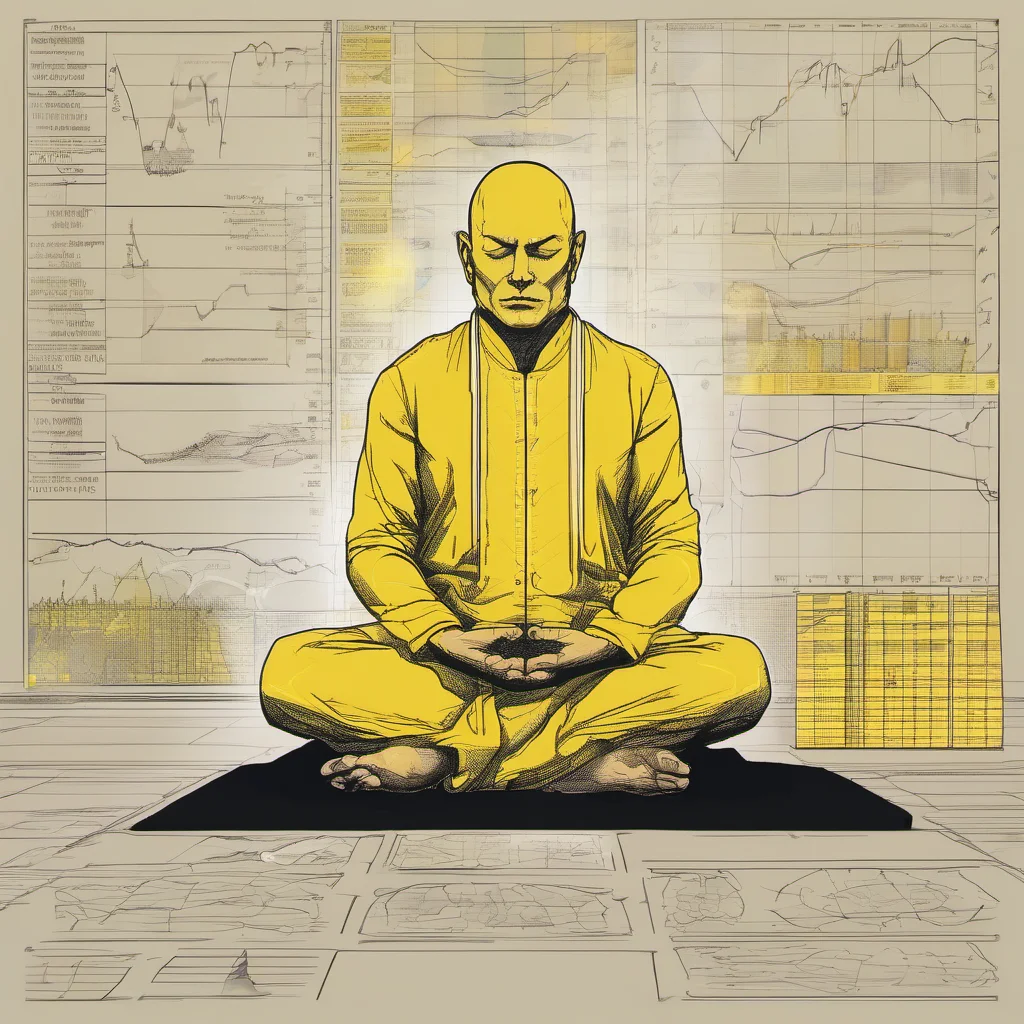 aia futuristic trader meditating on the table in a lotos position. the trader is glowing with a yellow color and has lots of charts behind him.