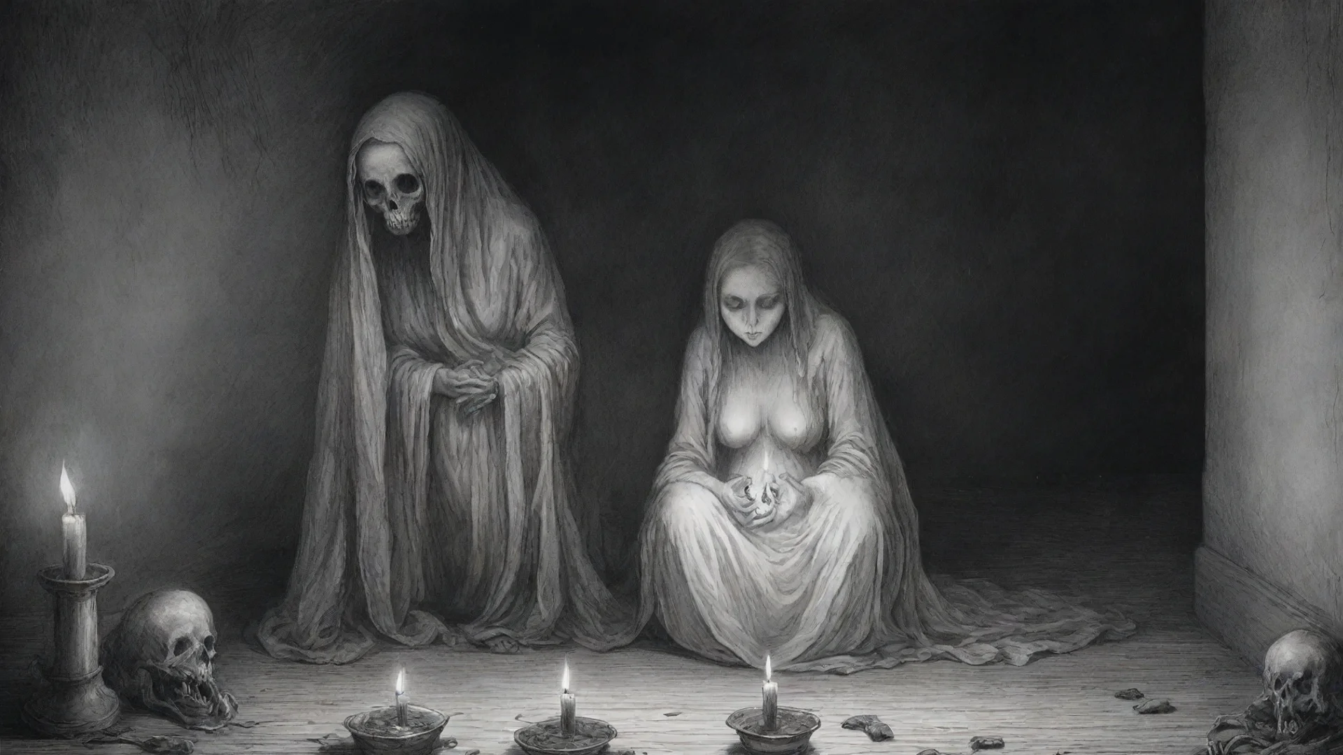 aia ghost face pregnant woman%2C candle%2C scary rats on the floor%2C horror scene%2C ink drawing%2C in style of gustave dore. wide