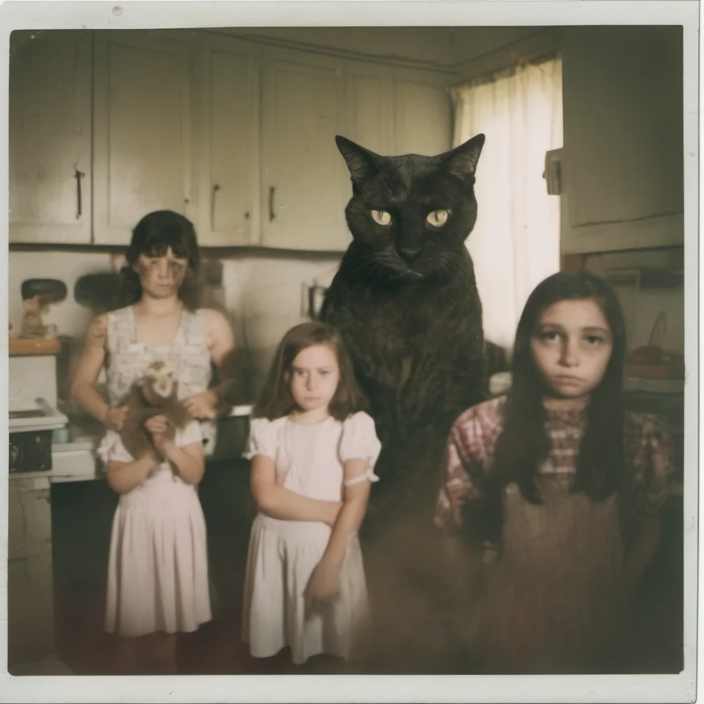 a giant cypress cat with a mean head in an old kitchen with two scared girls    uncanny horror    polaroid
