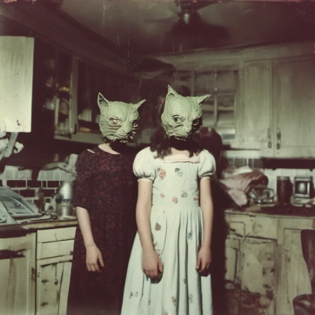 a giant cypress cat with a mean zombie head in an old kitchen with two scared girls    uncanny horror    polaroid amazing awesome portrait 2