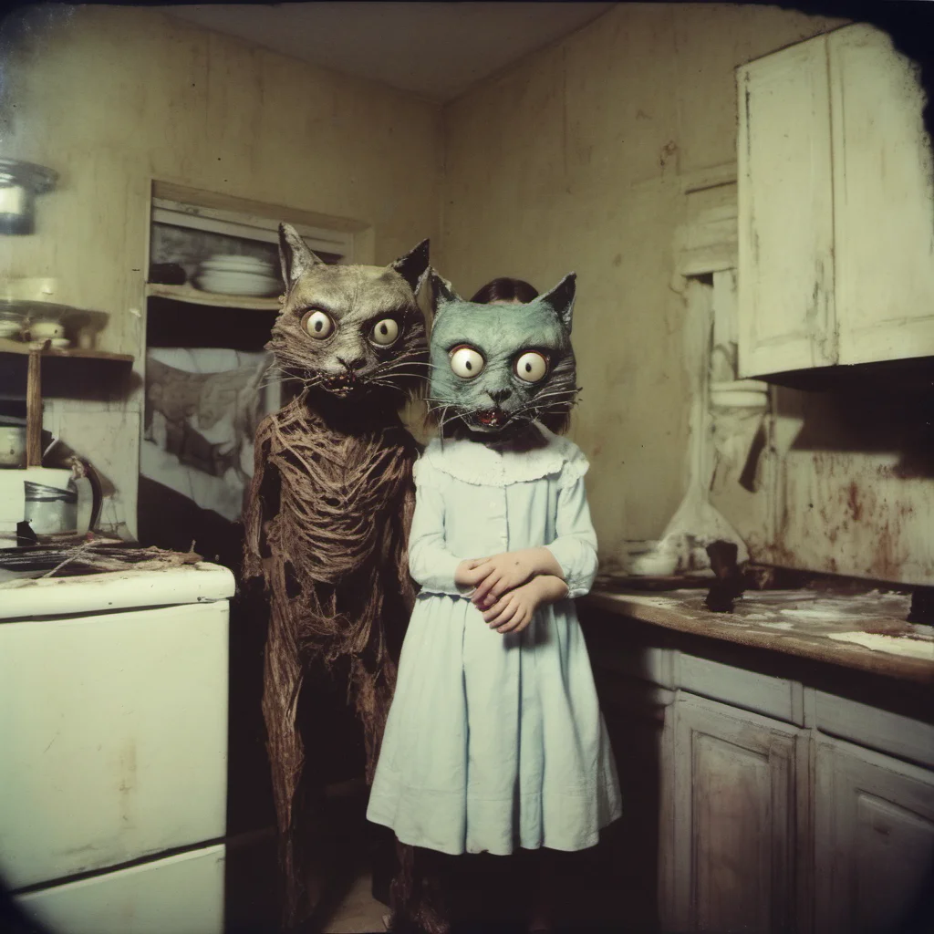 a giant cypress cat with a mean zombie head in an old kitchen with two scared girls    uncanny horror    polaroid confident engaging wow artstation art 3