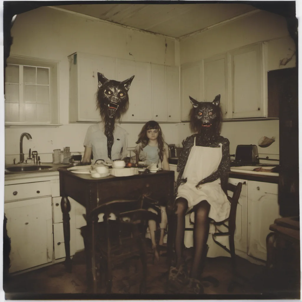 a giant cypress cat with a mean zombie head in an old kitchen with two scared girls    uncanny horror    polaroid good looking trending fantastic 1