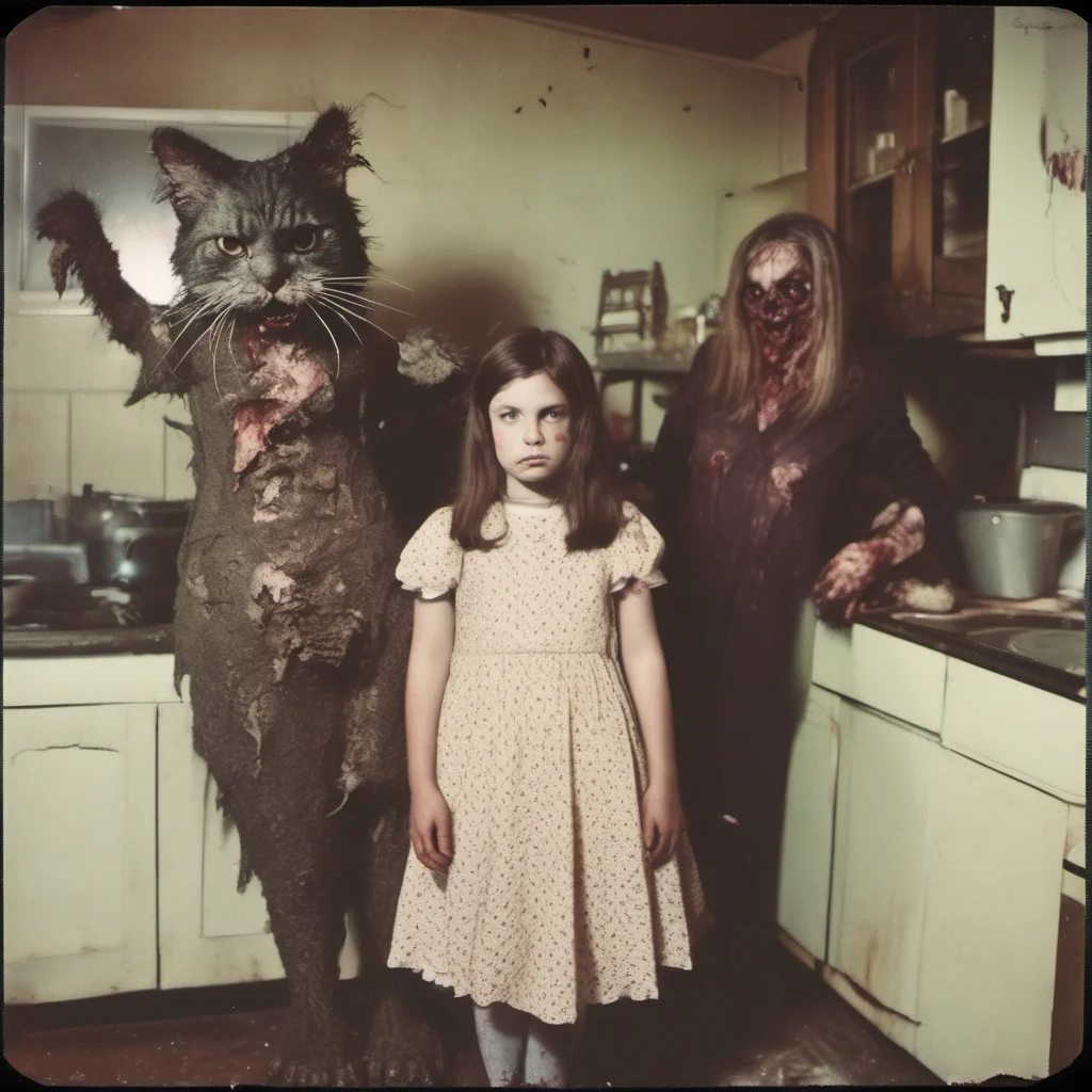 a giant cypress cat with a mean zombie head in an old kitchen with two scared girls    uncanny horror    polaroid