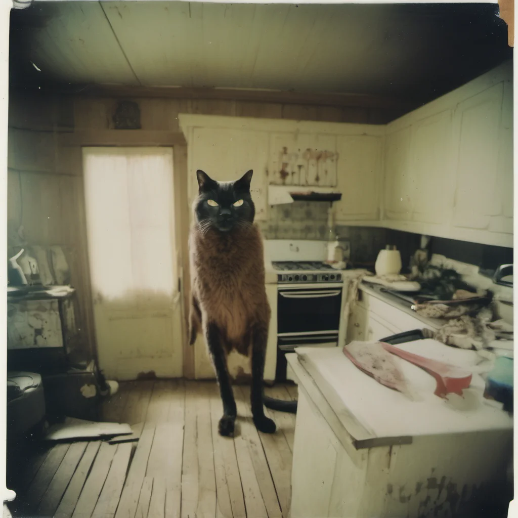 a giant cypress cat with a mean zombie mask in an old kitchen    uncanny horror    polaroid amazing awesome portrait 2