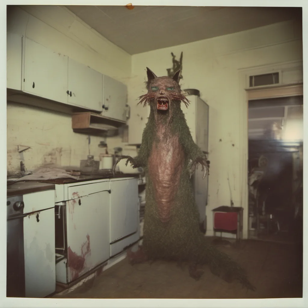 a giant cypress cat with a mean zombie mask in an old kitchen    uncanny horror    polaroid confident engaging wow artstation art 3