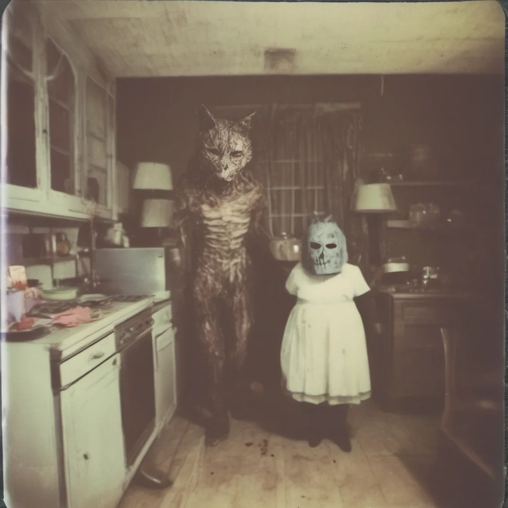 a giant cypress cat with a mean zombie mask in an old kitchen    uncanny horror    polaroid good looking trending fantastic 1