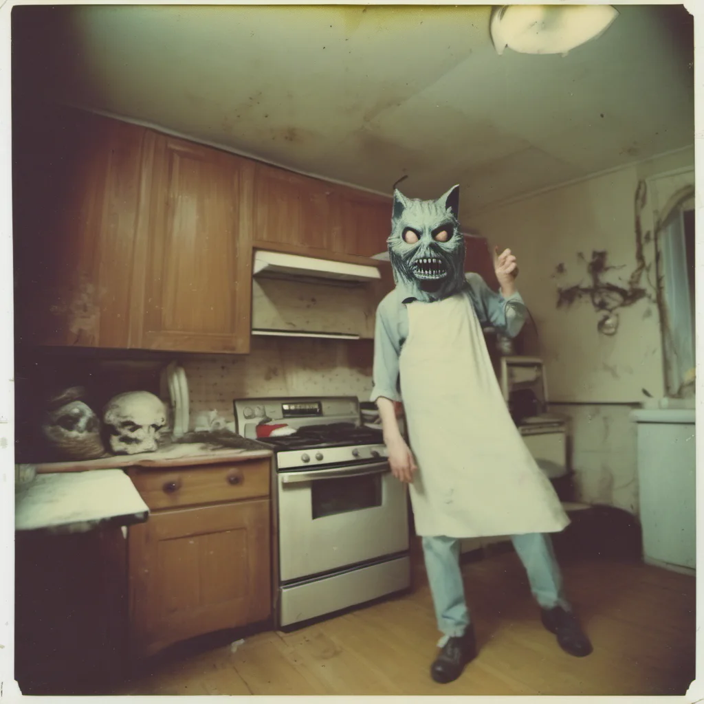 aia giant cypress cat with a mean zombie mask in an old kitchen    uncanny horror    polaroid