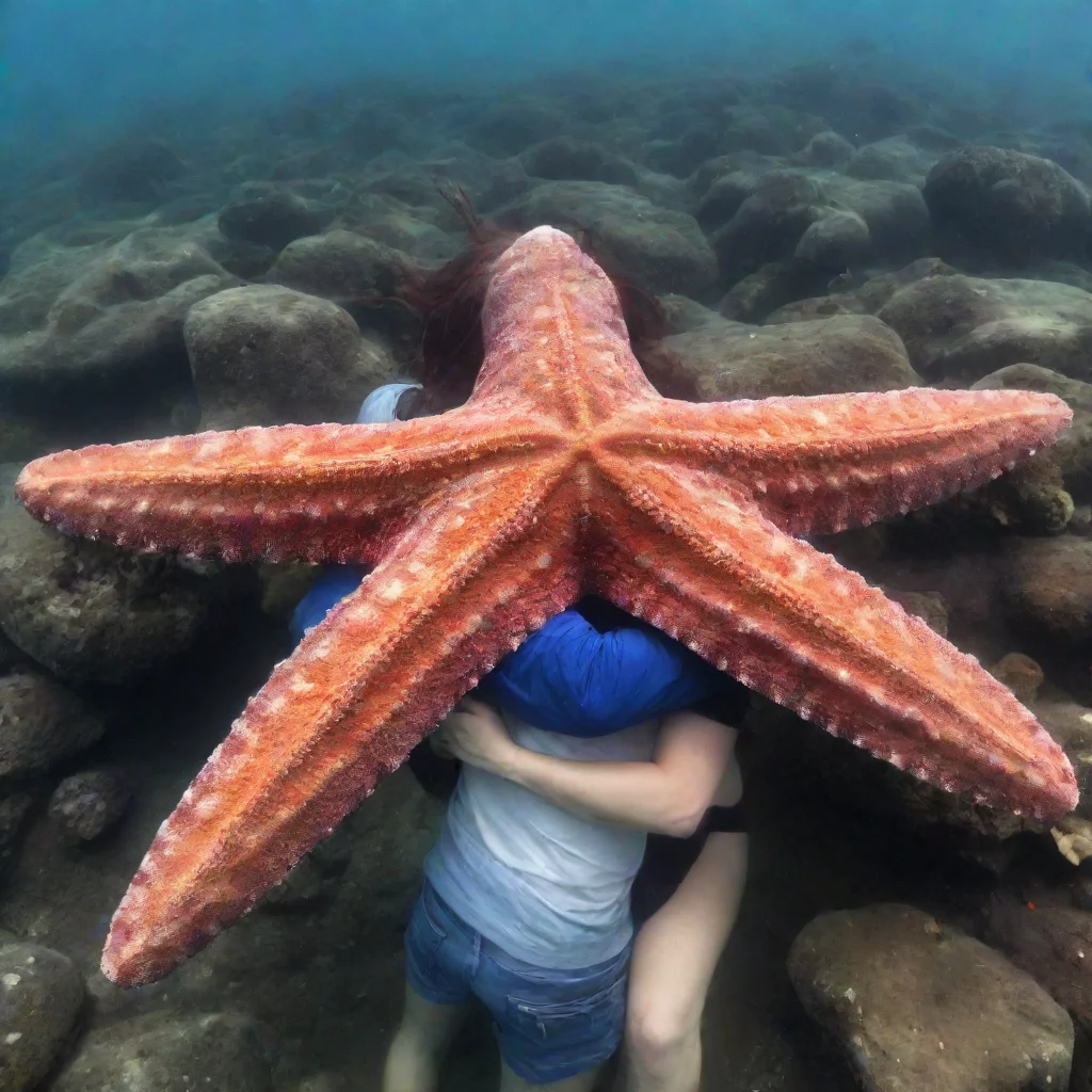 a giant starfish hugging a human