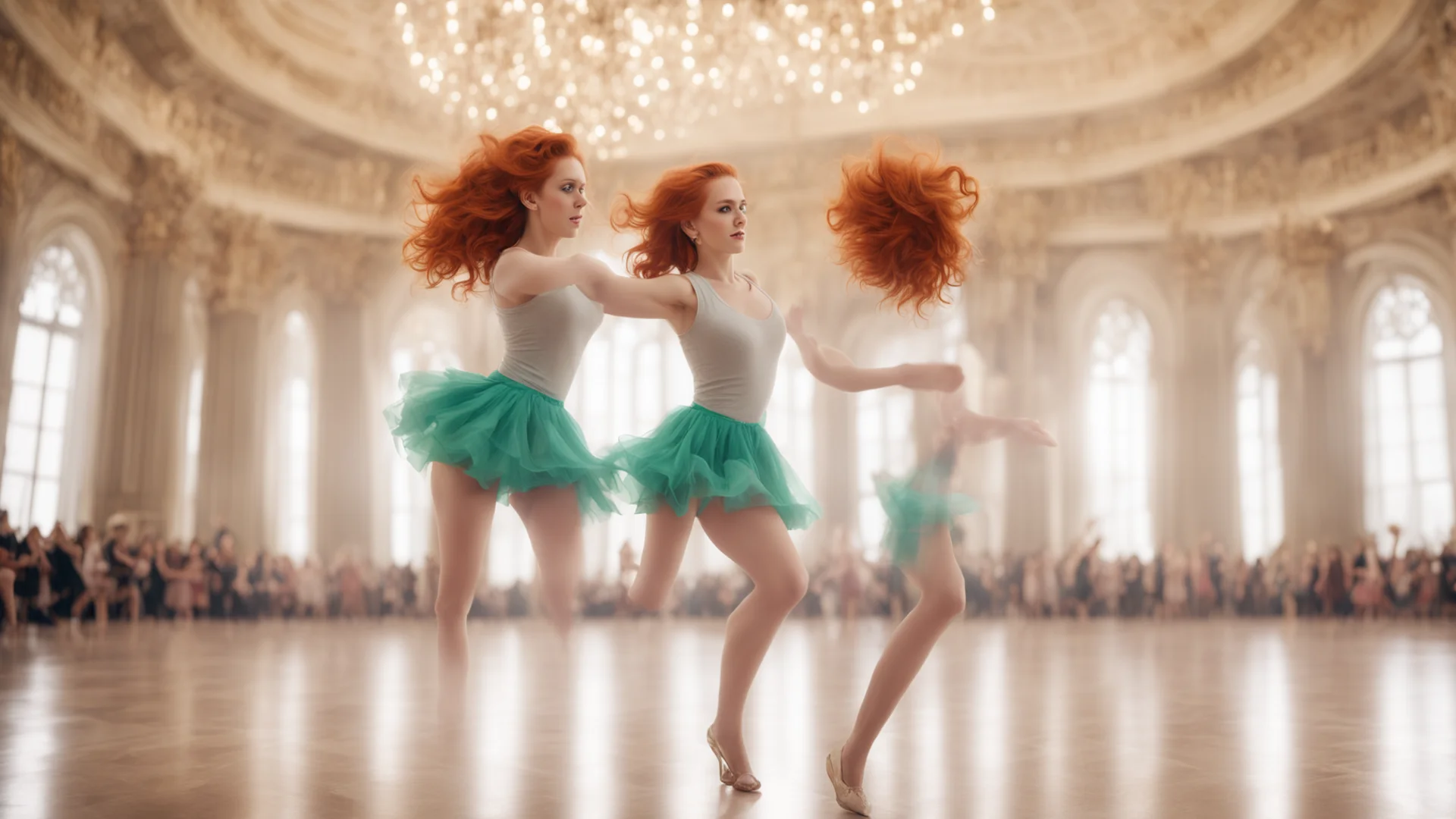 a ginger haired girl with short skirt dancing in a gigantic ballroom amazing awesome portrait 2 wide