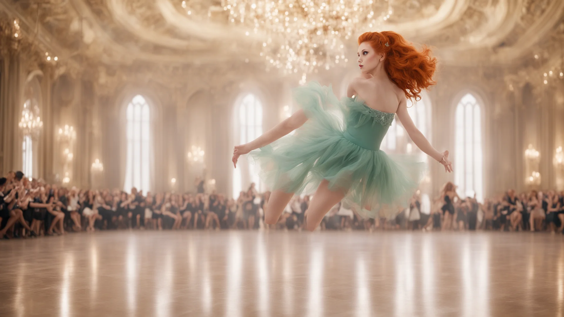 aia ginger haired girl with short skirt dancing in a gigantic ballroom confident engaging wow artstation art 3 wide