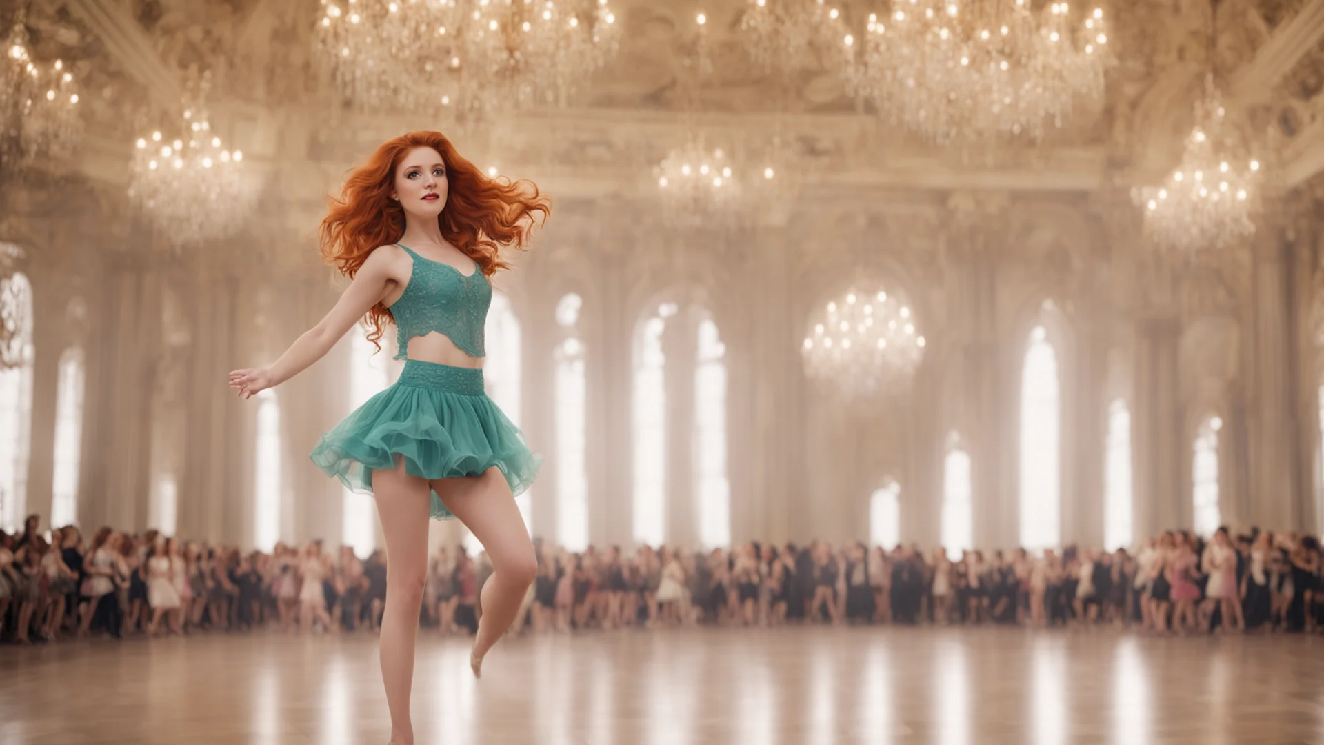 a ginger haired girl with short skirt dancing in a gigantic ballroom good looking trending fantastic 1 wide