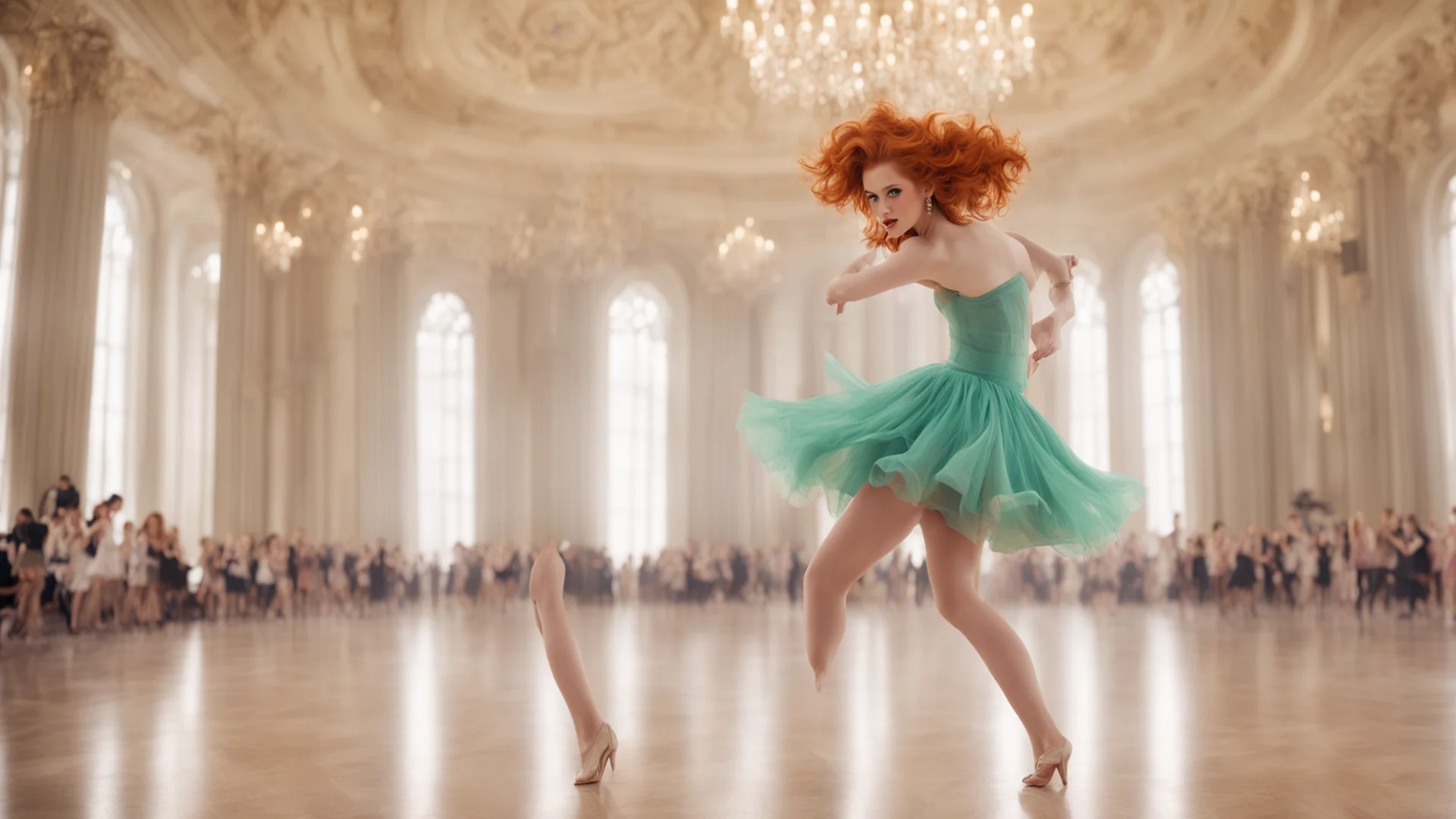 aia ginger haired girl with short skirt dancing in a gigantic ballroom wide