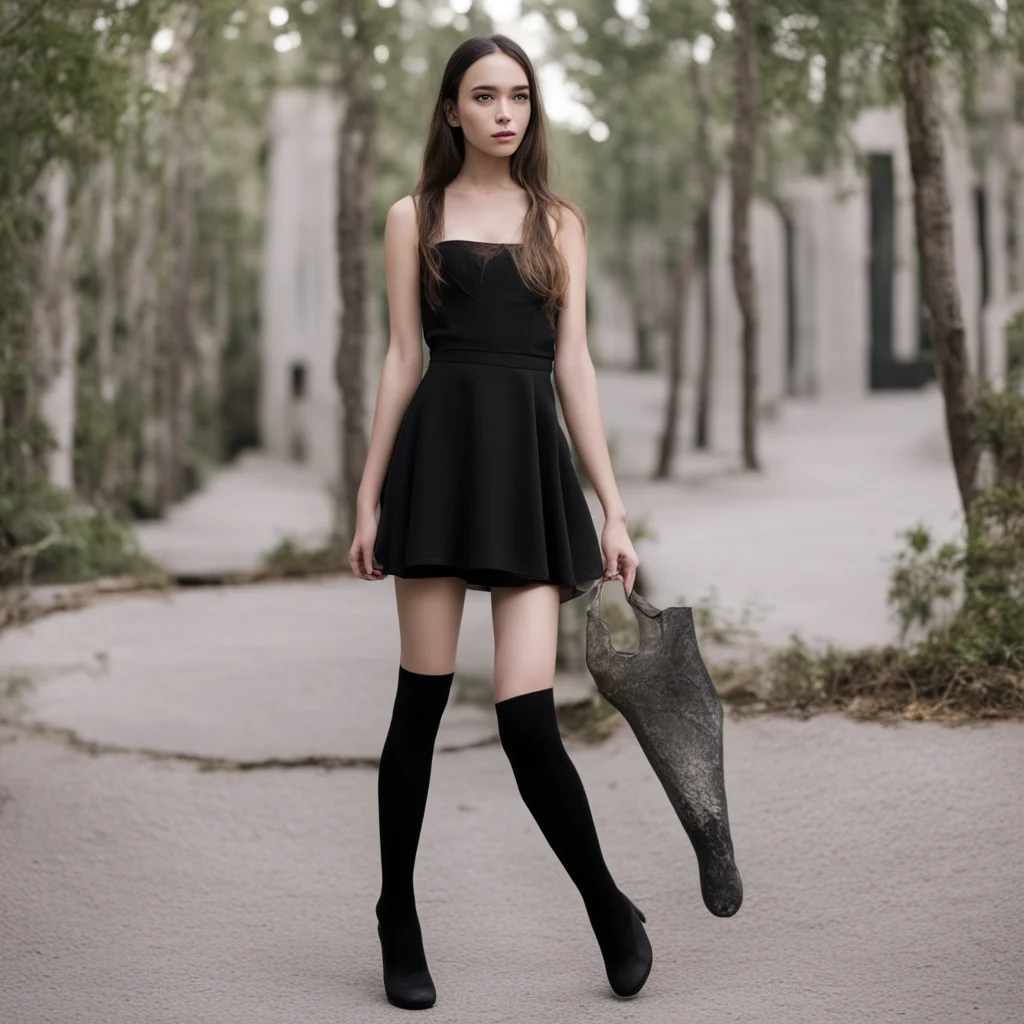a girl in a black dress and tights with the utopia deck