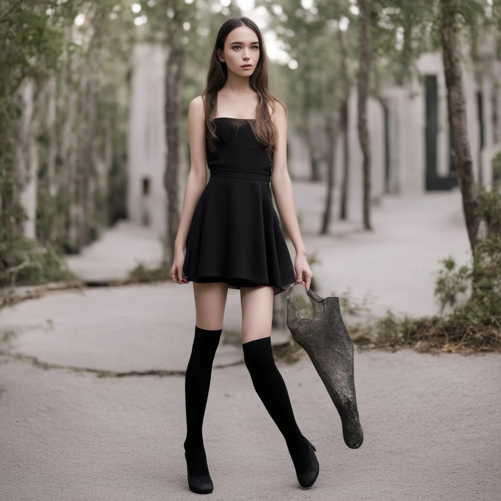 aia girl in a black dress and tights with the utopia deck